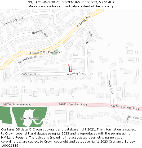 33, LACEWING DRIVE, BIDDENHAM, BEDFORD, MK40 4UP: Location map and indicative extent of plot