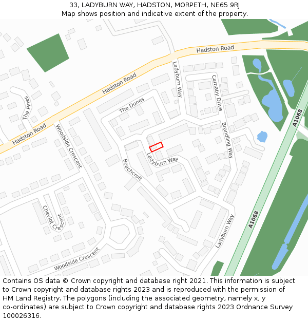 33, LADYBURN WAY, HADSTON, MORPETH, NE65 9RJ: Location map and indicative extent of plot