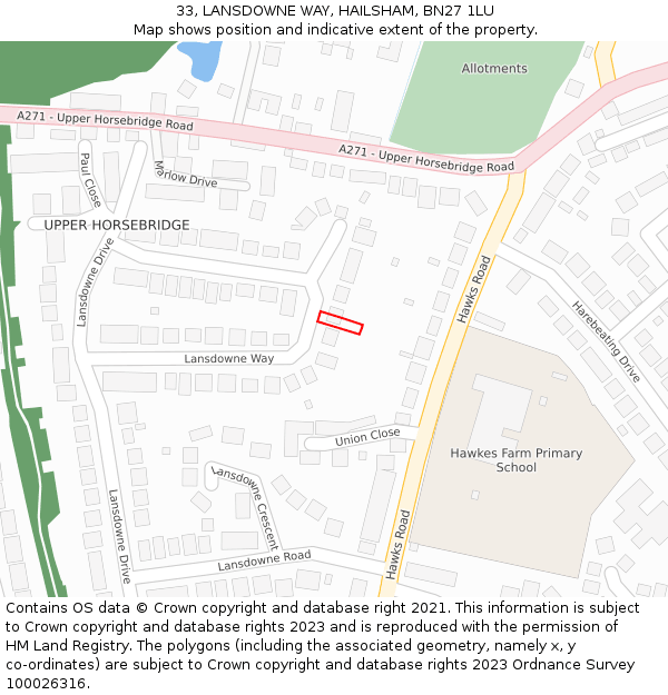 33, LANSDOWNE WAY, HAILSHAM, BN27 1LU: Location map and indicative extent of plot