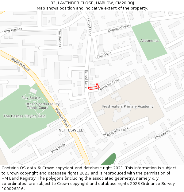 33, LAVENDER CLOSE, HARLOW, CM20 3QJ: Location map and indicative extent of plot