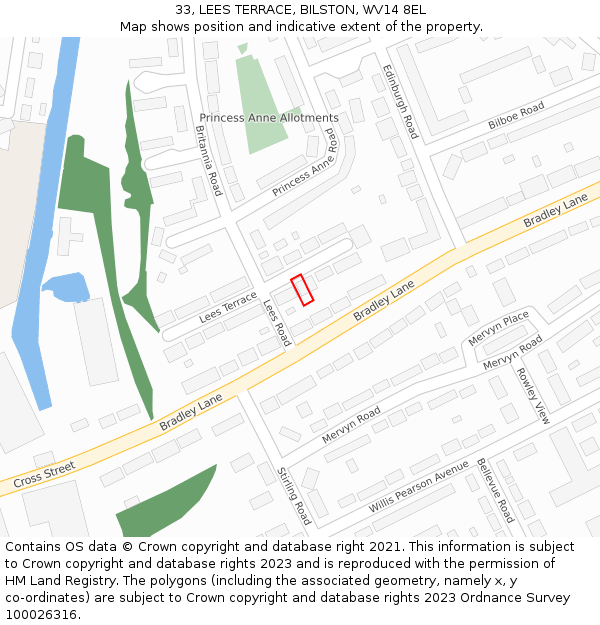 33, LEES TERRACE, BILSTON, WV14 8EL: Location map and indicative extent of plot