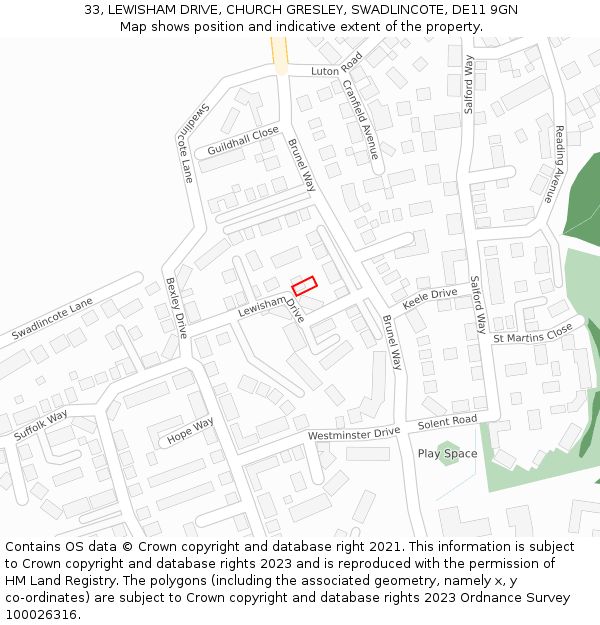 33, LEWISHAM DRIVE, CHURCH GRESLEY, SWADLINCOTE, DE11 9GN: Location map and indicative extent of plot