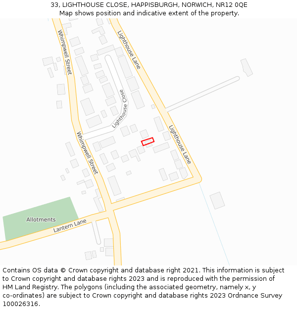 33, LIGHTHOUSE CLOSE, HAPPISBURGH, NORWICH, NR12 0QE: Location map and indicative extent of plot