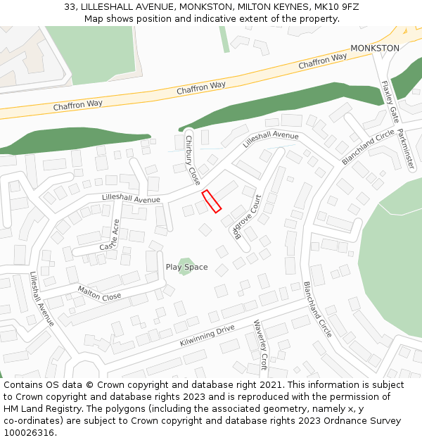 33, LILLESHALL AVENUE, MONKSTON, MILTON KEYNES, MK10 9FZ: Location map and indicative extent of plot