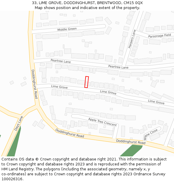 33, LIME GROVE, DODDINGHURST, BRENTWOOD, CM15 0QX: Location map and indicative extent of plot