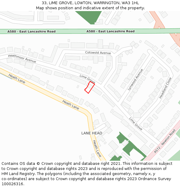 33, LIME GROVE, LOWTON, WARRINGTON, WA3 1HL: Location map and indicative extent of plot