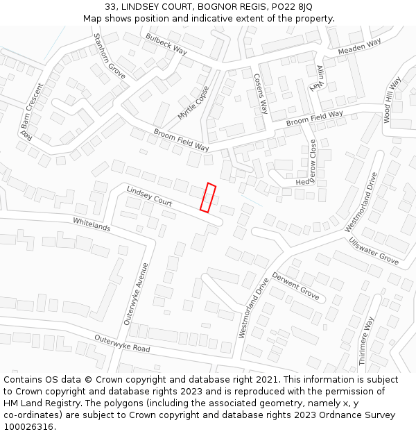 33, LINDSEY COURT, BOGNOR REGIS, PO22 8JQ: Location map and indicative extent of plot