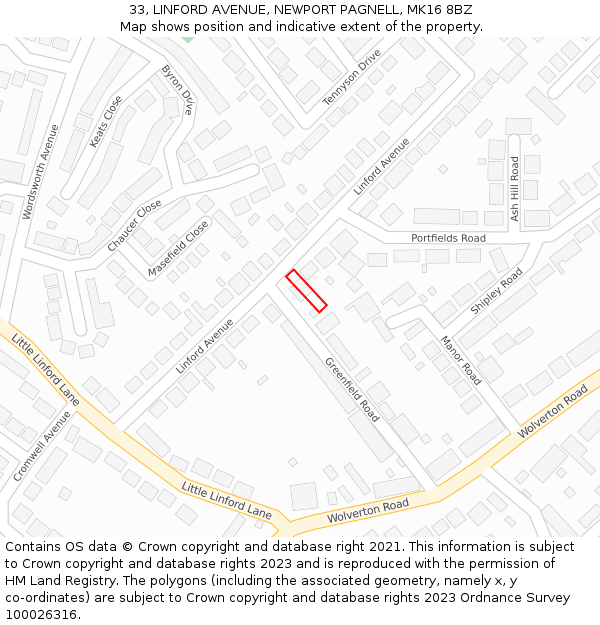 33, LINFORD AVENUE, NEWPORT PAGNELL, MK16 8BZ: Location map and indicative extent of plot