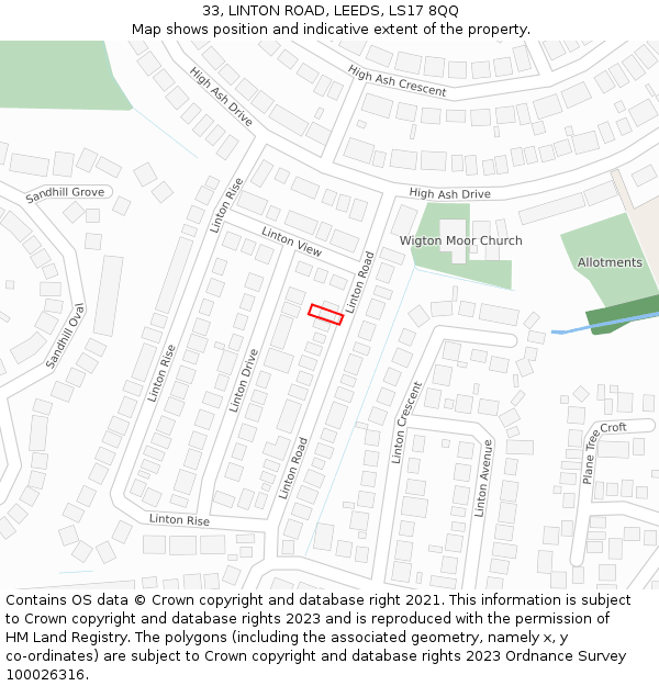 33, LINTON ROAD, LEEDS, LS17 8QQ: Location map and indicative extent of plot