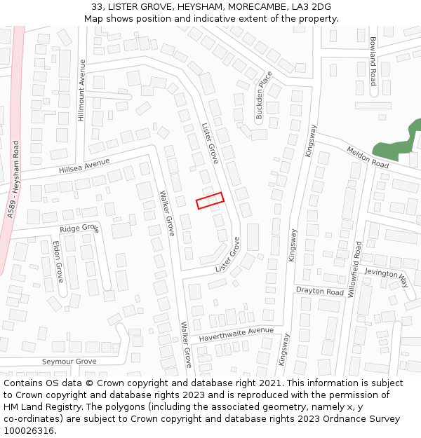 33, LISTER GROVE, HEYSHAM, MORECAMBE, LA3 2DG: Location map and indicative extent of plot