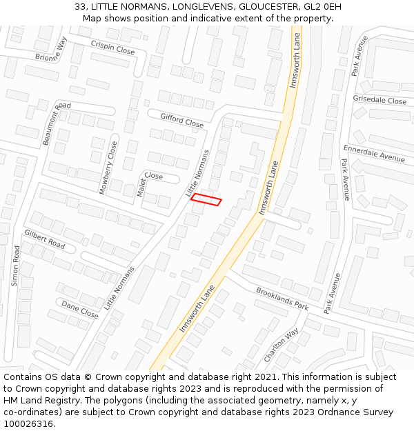 33, LITTLE NORMANS, LONGLEVENS, GLOUCESTER, GL2 0EH: Location map and indicative extent of plot