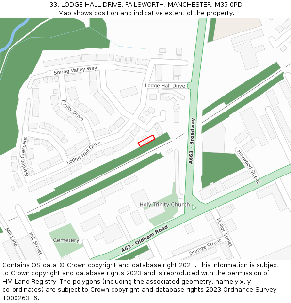 33, LODGE HALL DRIVE, FAILSWORTH, MANCHESTER, M35 0PD: Location map and indicative extent of plot