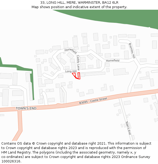 33, LONG HILL, MERE, WARMINSTER, BA12 6LR: Location map and indicative extent of plot