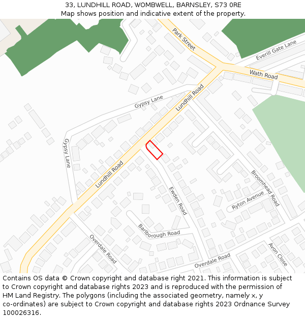 33, LUNDHILL ROAD, WOMBWELL, BARNSLEY, S73 0RE: Location map and indicative extent of plot