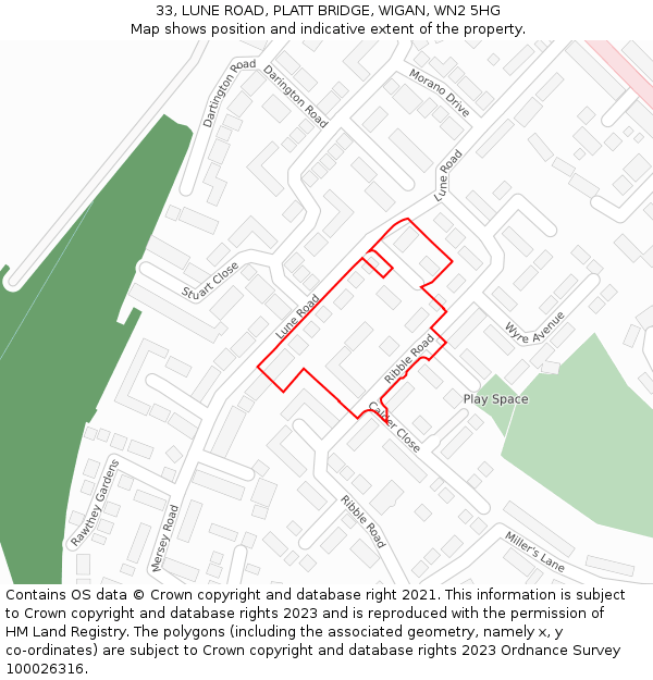 33, LUNE ROAD, PLATT BRIDGE, WIGAN, WN2 5HG: Location map and indicative extent of plot