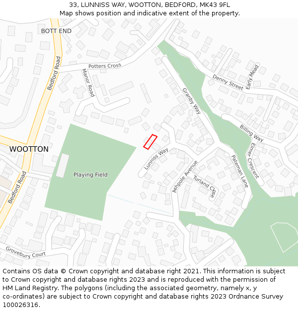 33, LUNNISS WAY, WOOTTON, BEDFORD, MK43 9FL: Location map and indicative extent of plot