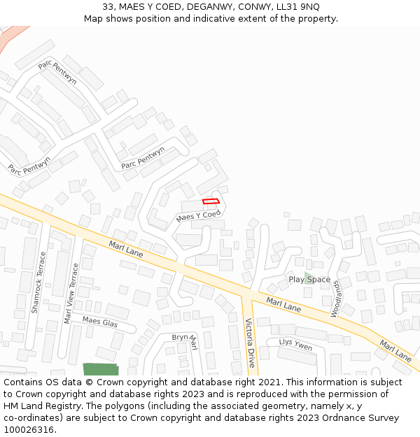 33, MAES Y COED, DEGANWY, CONWY, LL31 9NQ: Location map and indicative extent of plot