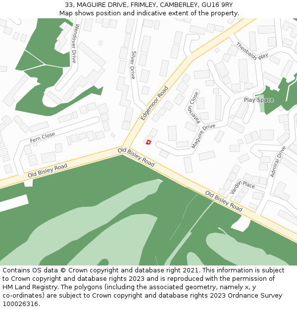 33, MAGUIRE DRIVE, FRIMLEY, CAMBERLEY, GU16 9RY: Location map and indicative extent of plot