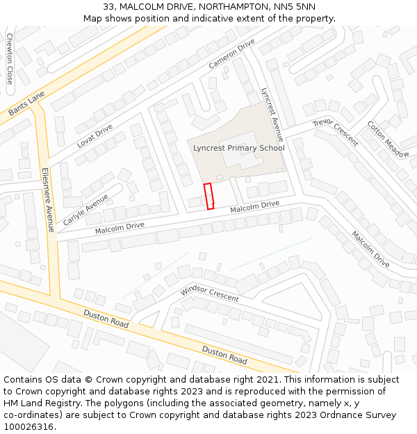 33, MALCOLM DRIVE, NORTHAMPTON, NN5 5NN: Location map and indicative extent of plot