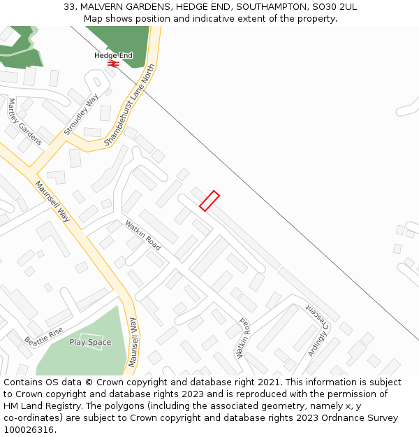 33, MALVERN GARDENS, HEDGE END, SOUTHAMPTON, SO30 2UL: Location map and indicative extent of plot