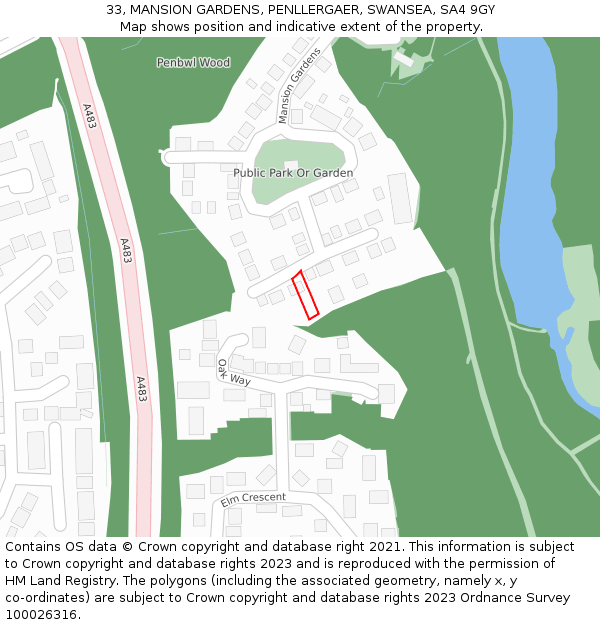 33, MANSION GARDENS, PENLLERGAER, SWANSEA, SA4 9GY: Location map and indicative extent of plot