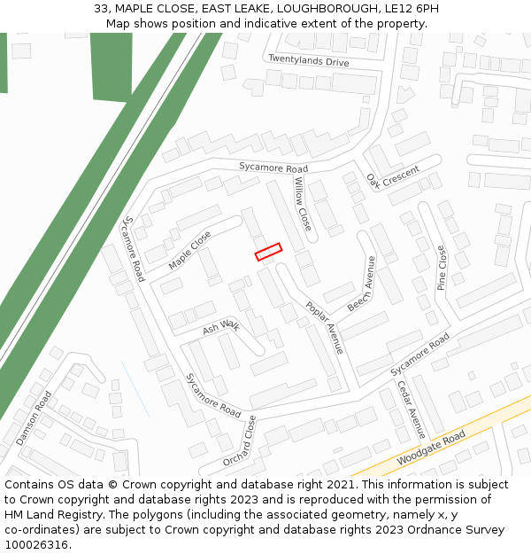 33, MAPLE CLOSE, EAST LEAKE, LOUGHBOROUGH, LE12 6PH: Location map and indicative extent of plot