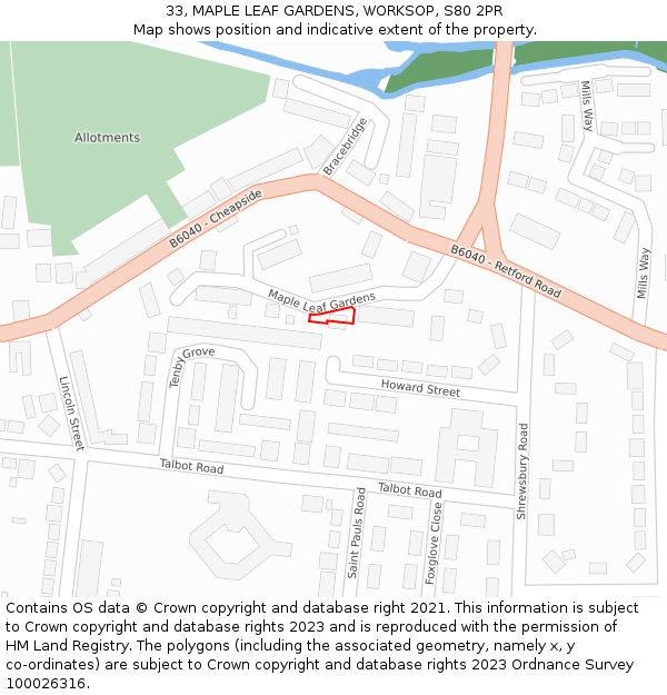 33, MAPLE LEAF GARDENS, WORKSOP, S80 2PR: Location map and indicative extent of plot