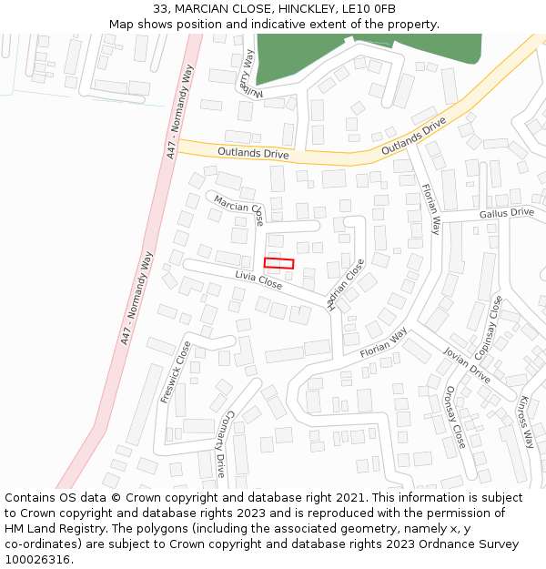 33, MARCIAN CLOSE, HINCKLEY, LE10 0FB: Location map and indicative extent of plot