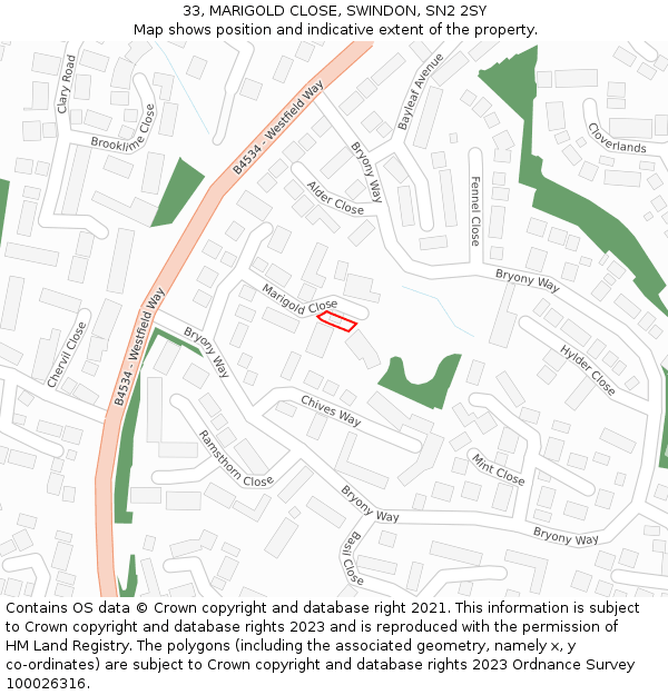 33, MARIGOLD CLOSE, SWINDON, SN2 2SY: Location map and indicative extent of plot