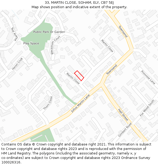 33, MARTIN CLOSE, SOHAM, ELY, CB7 5EJ: Location map and indicative extent of plot