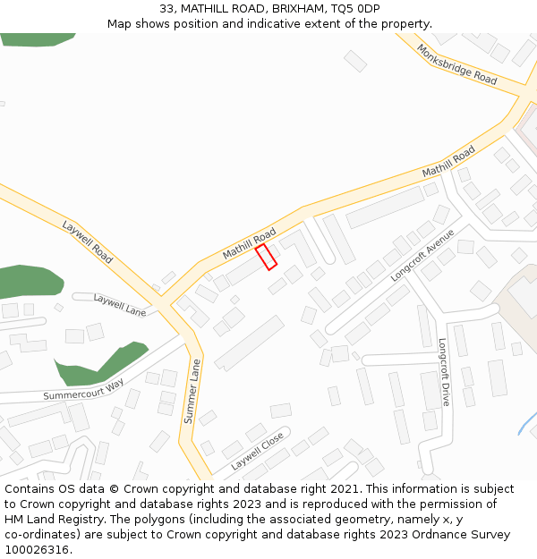 33, MATHILL ROAD, BRIXHAM, TQ5 0DP: Location map and indicative extent of plot