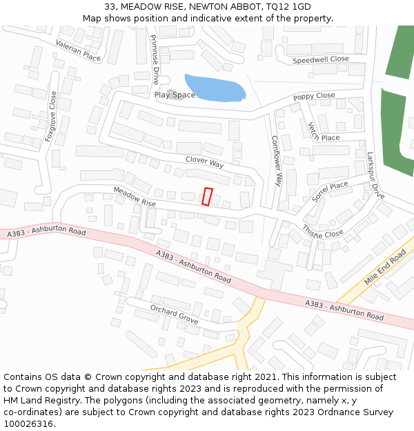 33, MEADOW RISE, NEWTON ABBOT, TQ12 1GD: Location map and indicative extent of plot