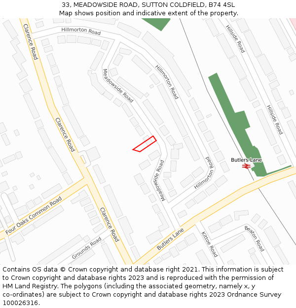 33, MEADOWSIDE ROAD, SUTTON COLDFIELD, B74 4SL: Location map and indicative extent of plot