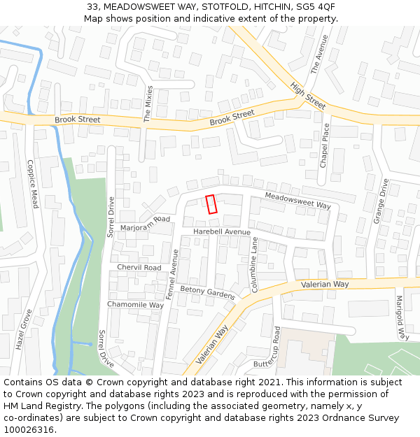 33, MEADOWSWEET WAY, STOTFOLD, HITCHIN, SG5 4QF: Location map and indicative extent of plot