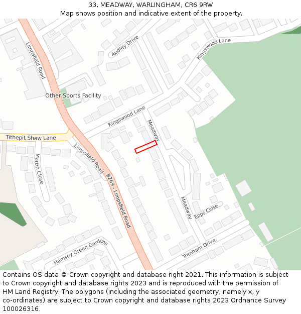 33, MEADWAY, WARLINGHAM, CR6 9RW: Location map and indicative extent of plot