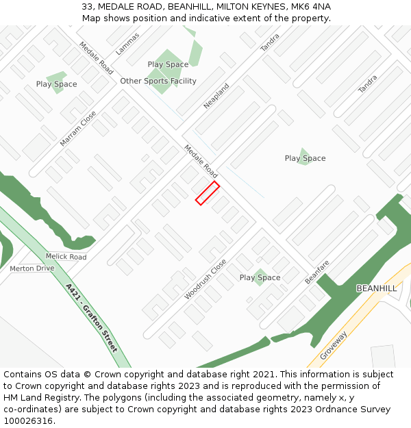 33, MEDALE ROAD, BEANHILL, MILTON KEYNES, MK6 4NA: Location map and indicative extent of plot