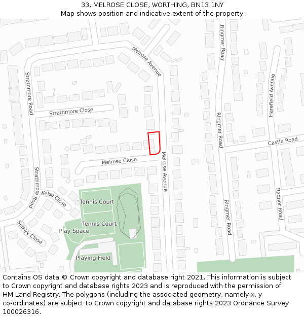 33, MELROSE CLOSE, WORTHING, BN13 1NY: Location map and indicative extent of plot