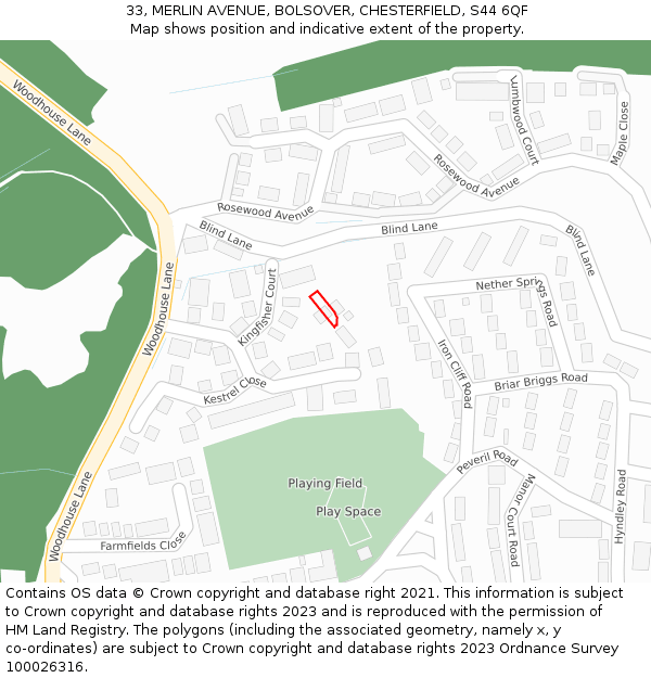 33, MERLIN AVENUE, BOLSOVER, CHESTERFIELD, S44 6QF: Location map and indicative extent of plot