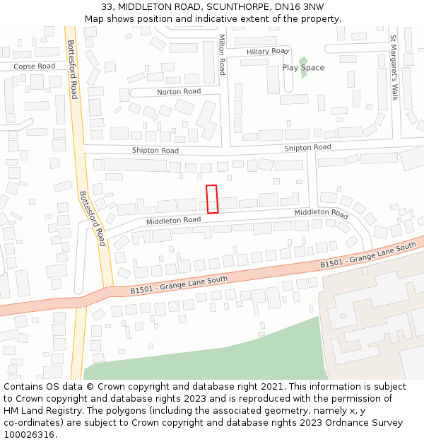 33, MIDDLETON ROAD, SCUNTHORPE, DN16 3NW: Location map and indicative extent of plot