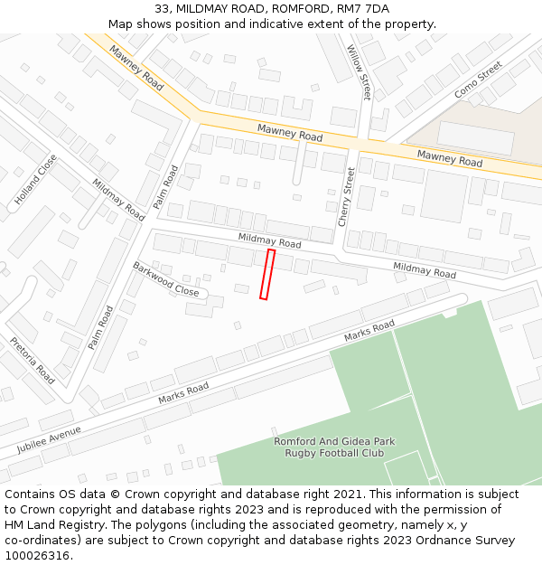 33, MILDMAY ROAD, ROMFORD, RM7 7DA: Location map and indicative extent of plot