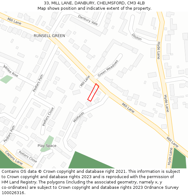 33, MILL LANE, DANBURY, CHELMSFORD, CM3 4LB: Location map and indicative extent of plot