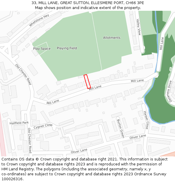 33, MILL LANE, GREAT SUTTON, ELLESMERE PORT, CH66 3PE: Location map and indicative extent of plot