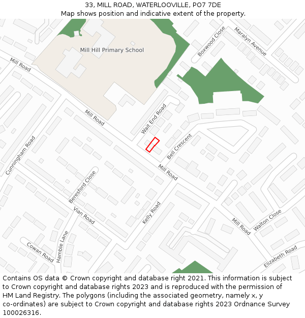 33, MILL ROAD, WATERLOOVILLE, PO7 7DE: Location map and indicative extent of plot