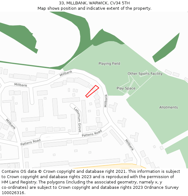 33, MILLBANK, WARWICK, CV34 5TH: Location map and indicative extent of plot