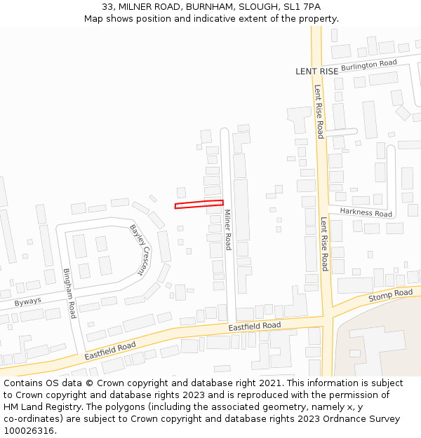 33, MILNER ROAD, BURNHAM, SLOUGH, SL1 7PA: Location map and indicative extent of plot