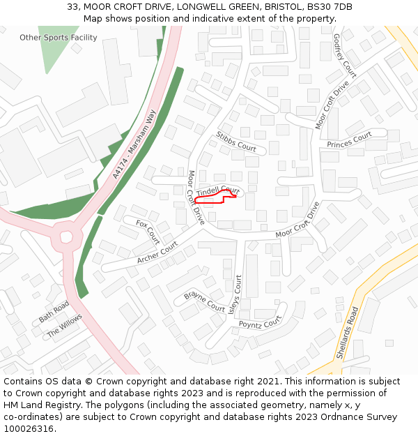 33, MOOR CROFT DRIVE, LONGWELL GREEN, BRISTOL, BS30 7DB: Location map and indicative extent of plot