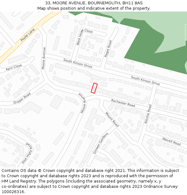 33, MOORE AVENUE, BOURNEMOUTH, BH11 8AS: Location map and indicative extent of plot