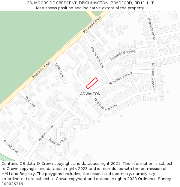 33, MOORSIDE CRESCENT, DRIGHLINGTON, BRADFORD, BD11 1HT: Location map and indicative extent of plot