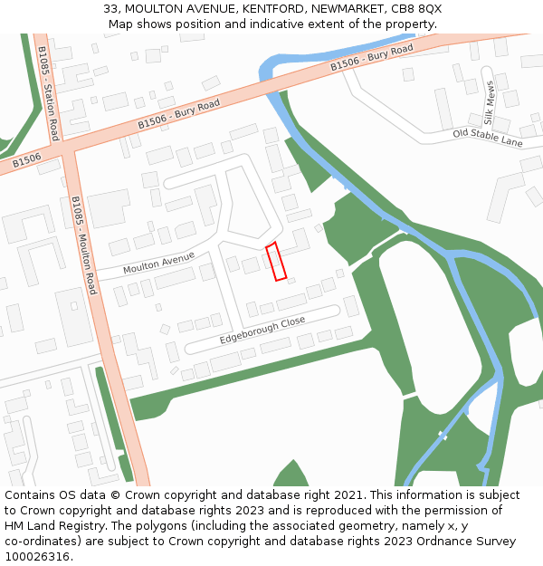 33, MOULTON AVENUE, KENTFORD, NEWMARKET, CB8 8QX: Location map and indicative extent of plot