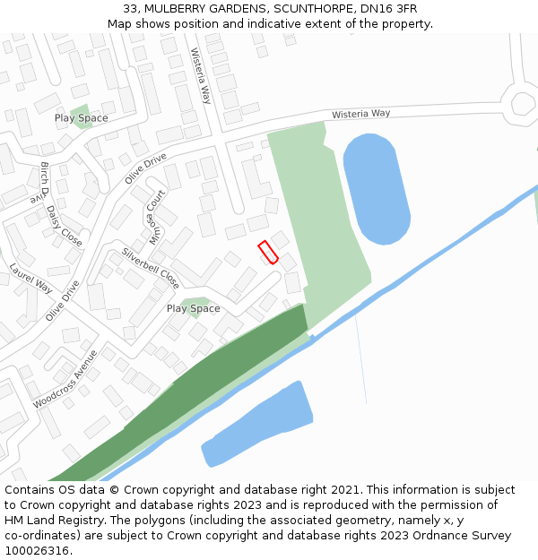 33, MULBERRY GARDENS, SCUNTHORPE, DN16 3FR: Location map and indicative extent of plot